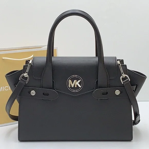 MICHAEL KORS Carmen Medium Flap Saffiano Leather Belted Satchel Black color - Picture 14 of 16
